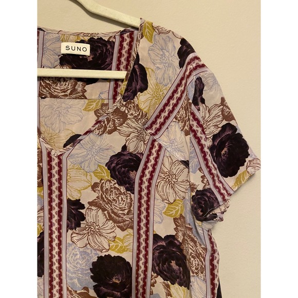 SUNO Floral Print Silk V Neck Short Sleeve Drawstring Waist Dress Womens Size 8 - Picture 4 of 7
